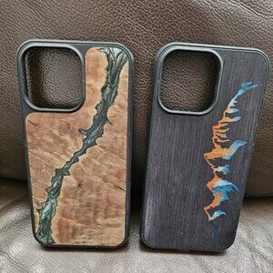 2 Carved Wood and Resin Cases for iPhone 14 Pro Max Black Brown One of a Kind